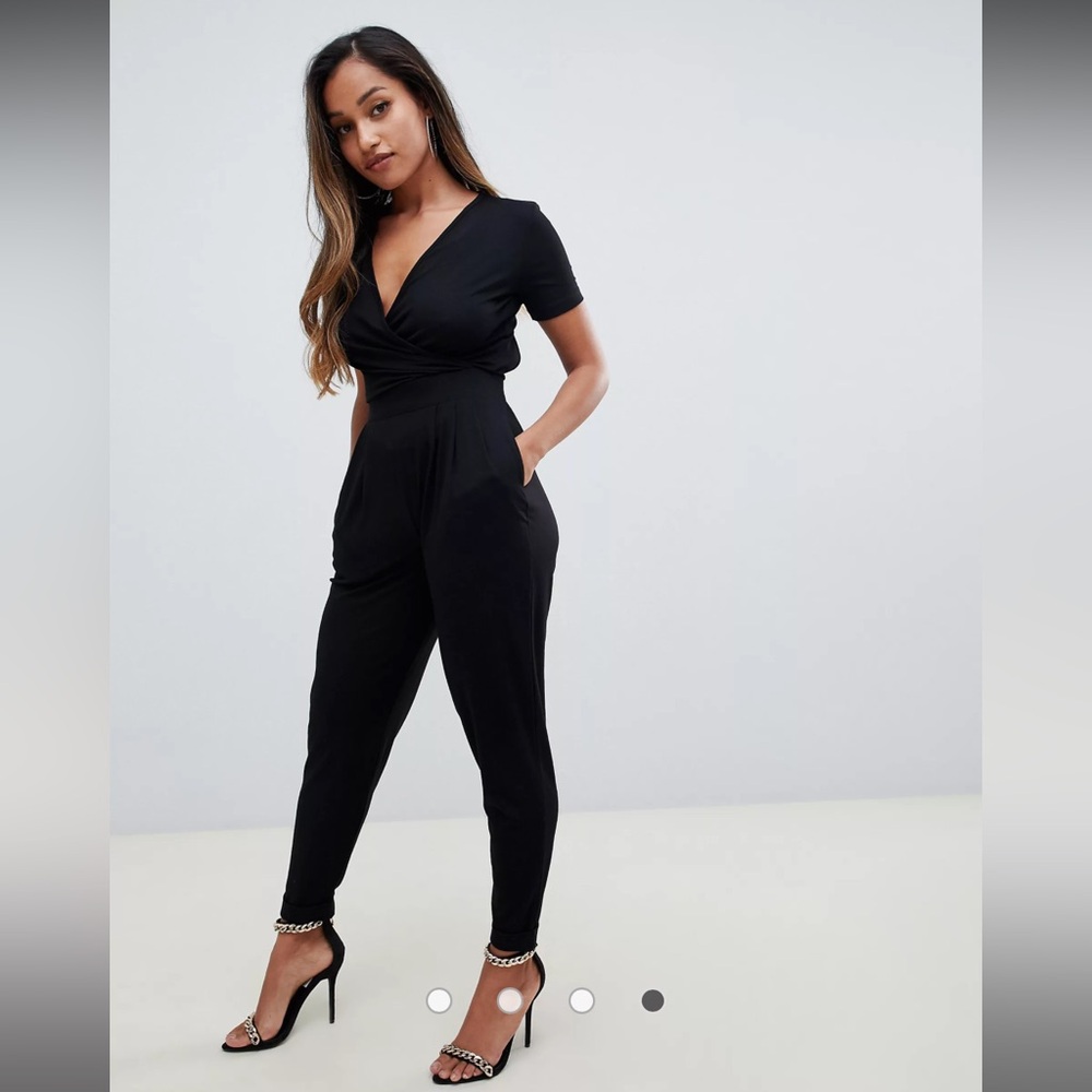 ASOS DESIGN Petite wrap front jersey jumpsuit with short sleeve